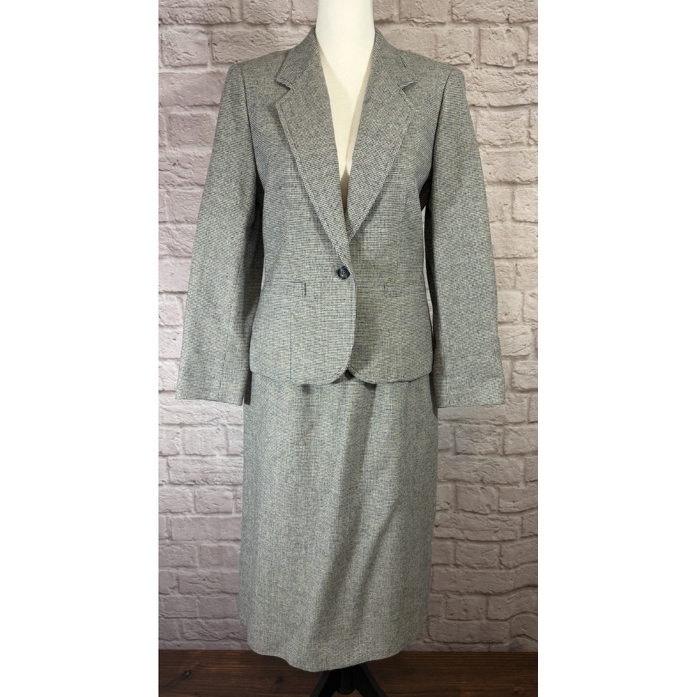 Vintage 70s Pendleton Virgin Wool Tweed Suit Blazer Skirt Gray Blue USA Size 10